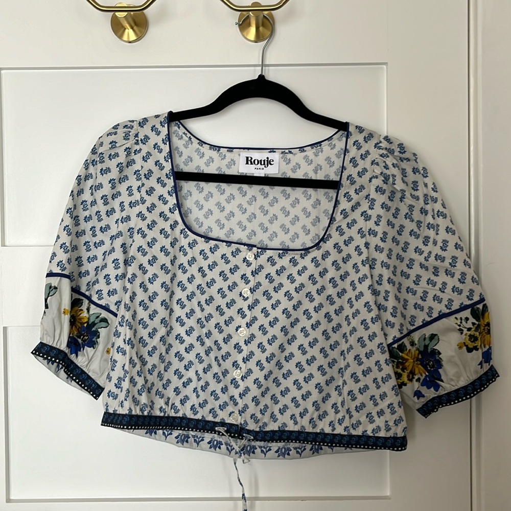 Rouje Paris cropped blue floral button up top puff sleeves 36 small